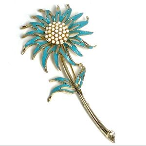 Kramer Enamel & Beaded Long Stem Flower Pin Brooch 4 Inch Vintage